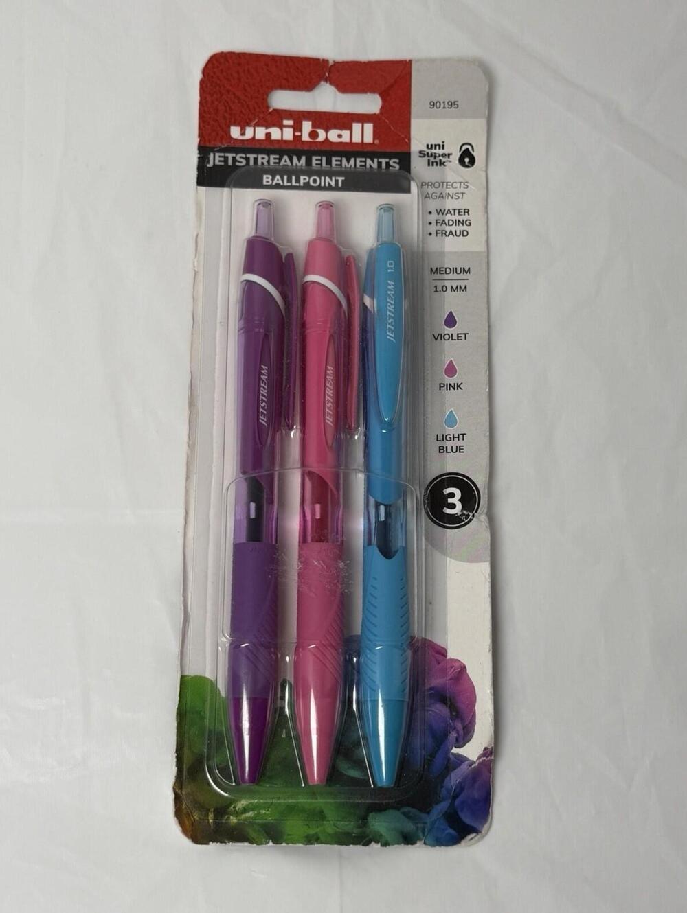 Uni-ball 90195 Jetstream Ballpoint Ink Pens  1.0mm Violet Pink Light Blue 3 Pk